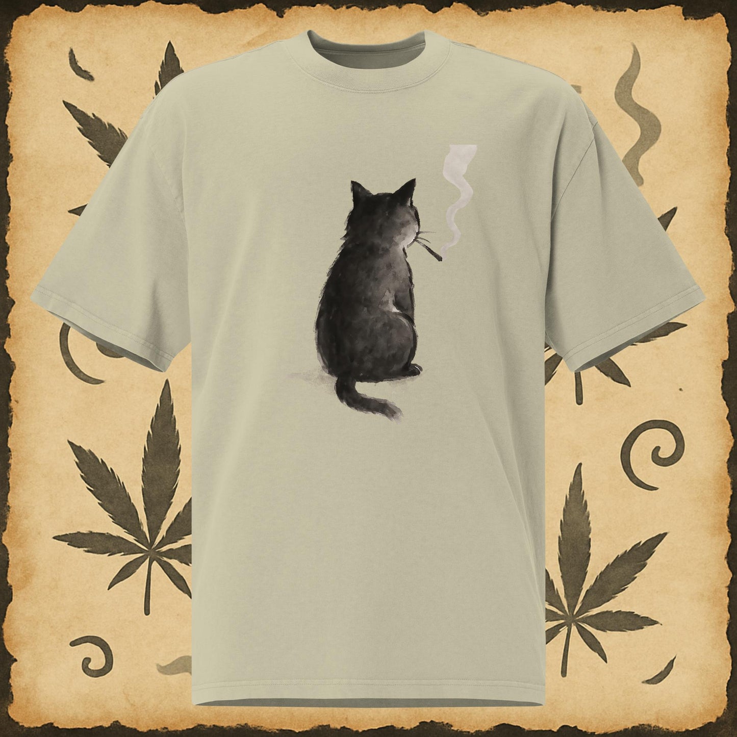 White tee with black cat smoking joint artwork – Chill Monkey weed apparel