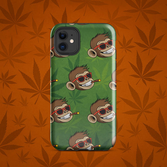 Chill Monkey tough phone case with Chill Monkey mascot smoking cannabis joint, full-wrap 420 design for iPhone 11 glossy green front view.