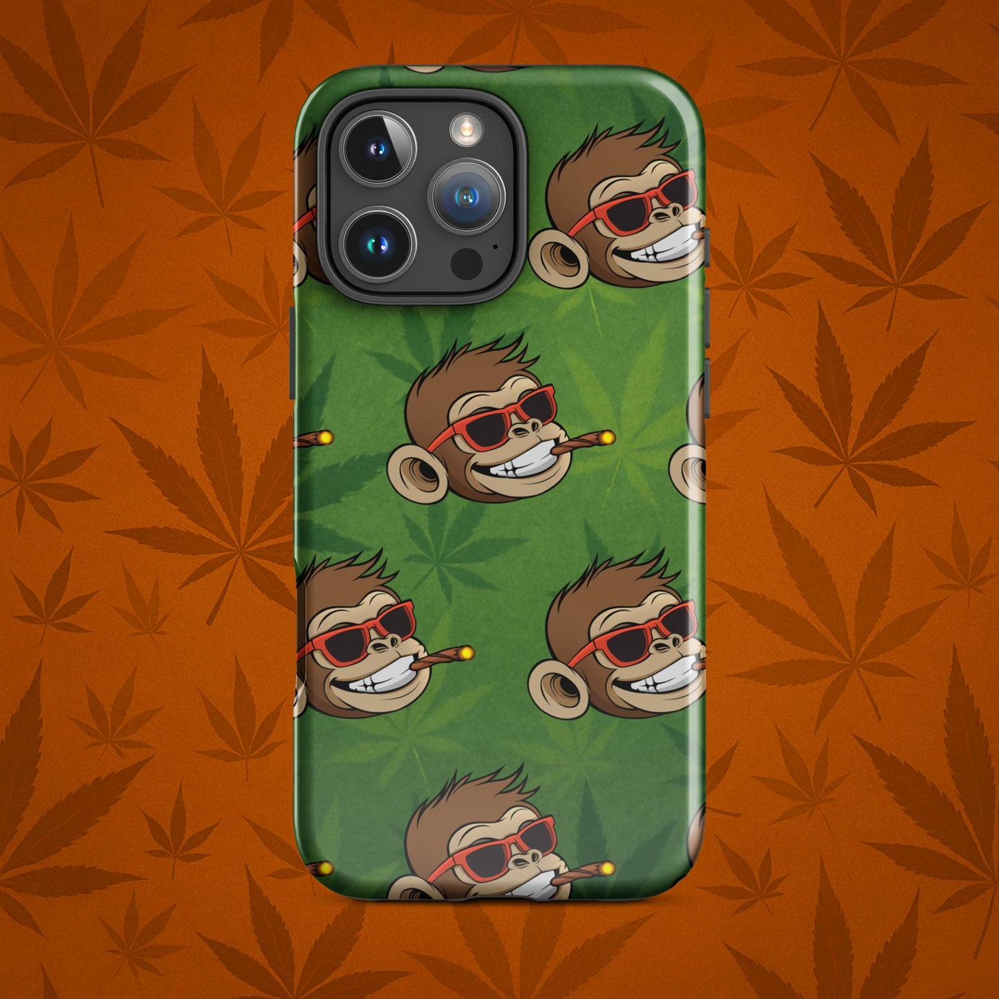 Chill Monkey tough phone case with Chill Monkey mascot smoking cannabis joint, full-wrap 420 design for iPhone 16 Pro Max, glossy green front view.