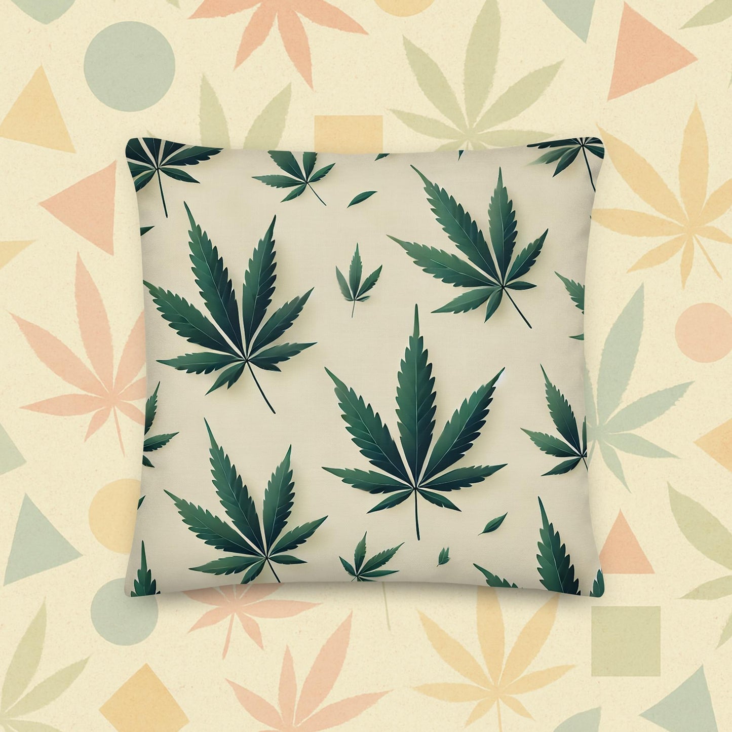 Chill Monkey premium pillow with modern cannabis leaf pattern, streetwear 420 home décor accent, 18×18 inch front view, ivory base.
