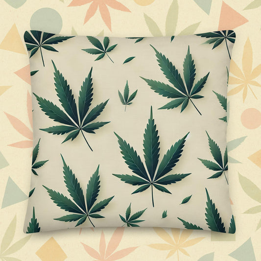 Chill Monkey premium pillow with modern cannabis leaf pattern, streetwear 420 home décor accent, 22x22 inch front view, ivory base.