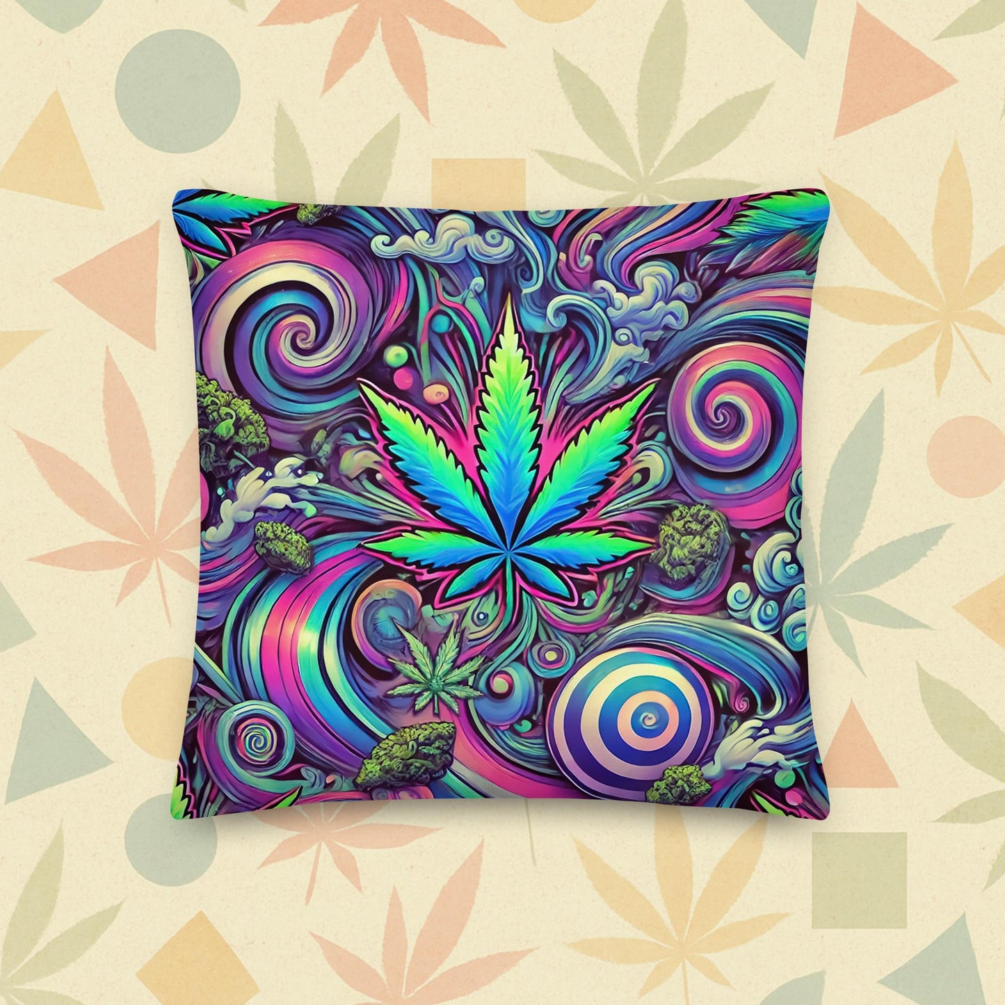 Chill Monkey premium pillow with psychedelic neon cannabis leaves swirling in purple-turquoise waves, 420 home décor accent, 18×18 in back view.