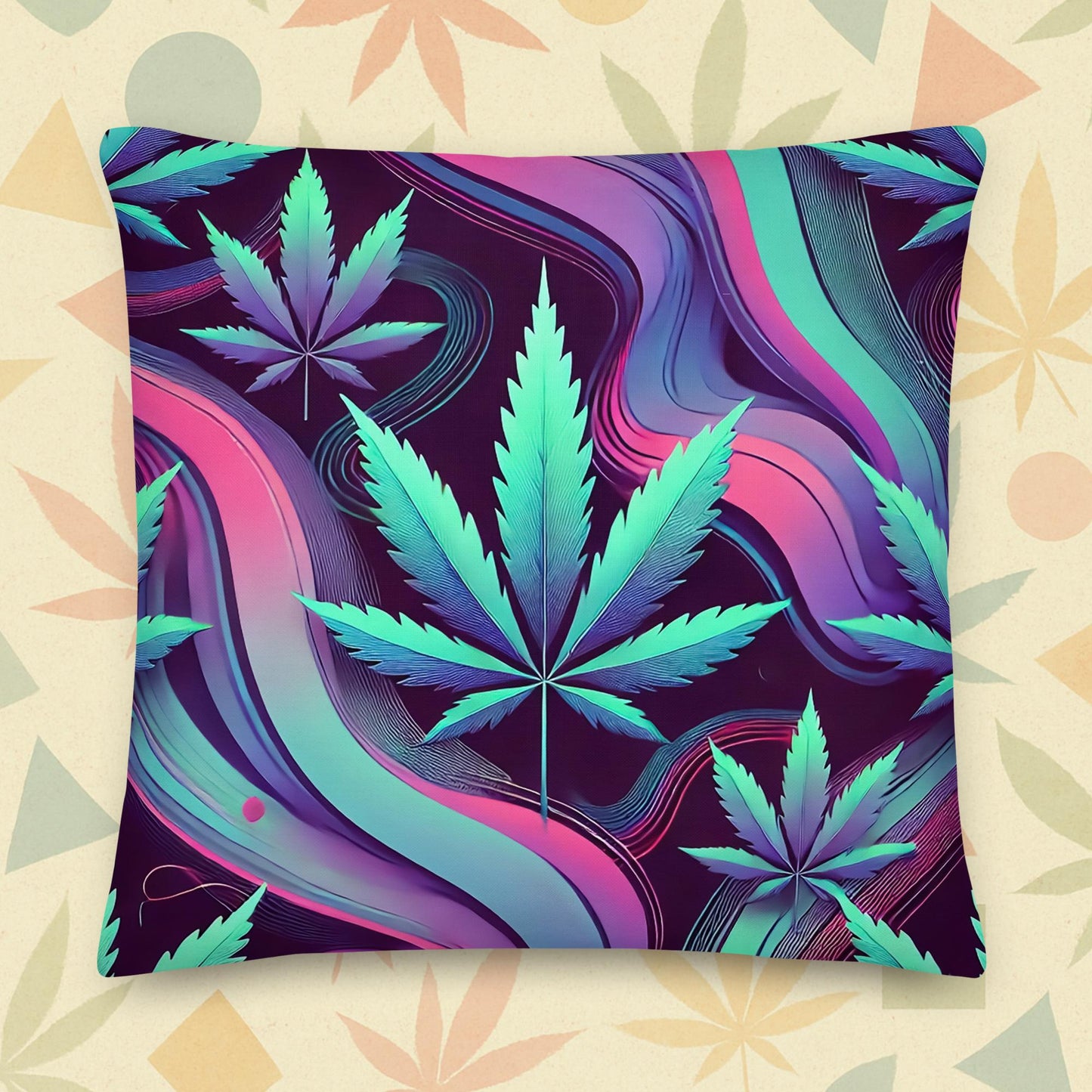Chill Monkey premium pillow with psychedelic neon cannabis leaves swirling in purple-turquoise waves, 420 home décor accent, 22x22 in back view.