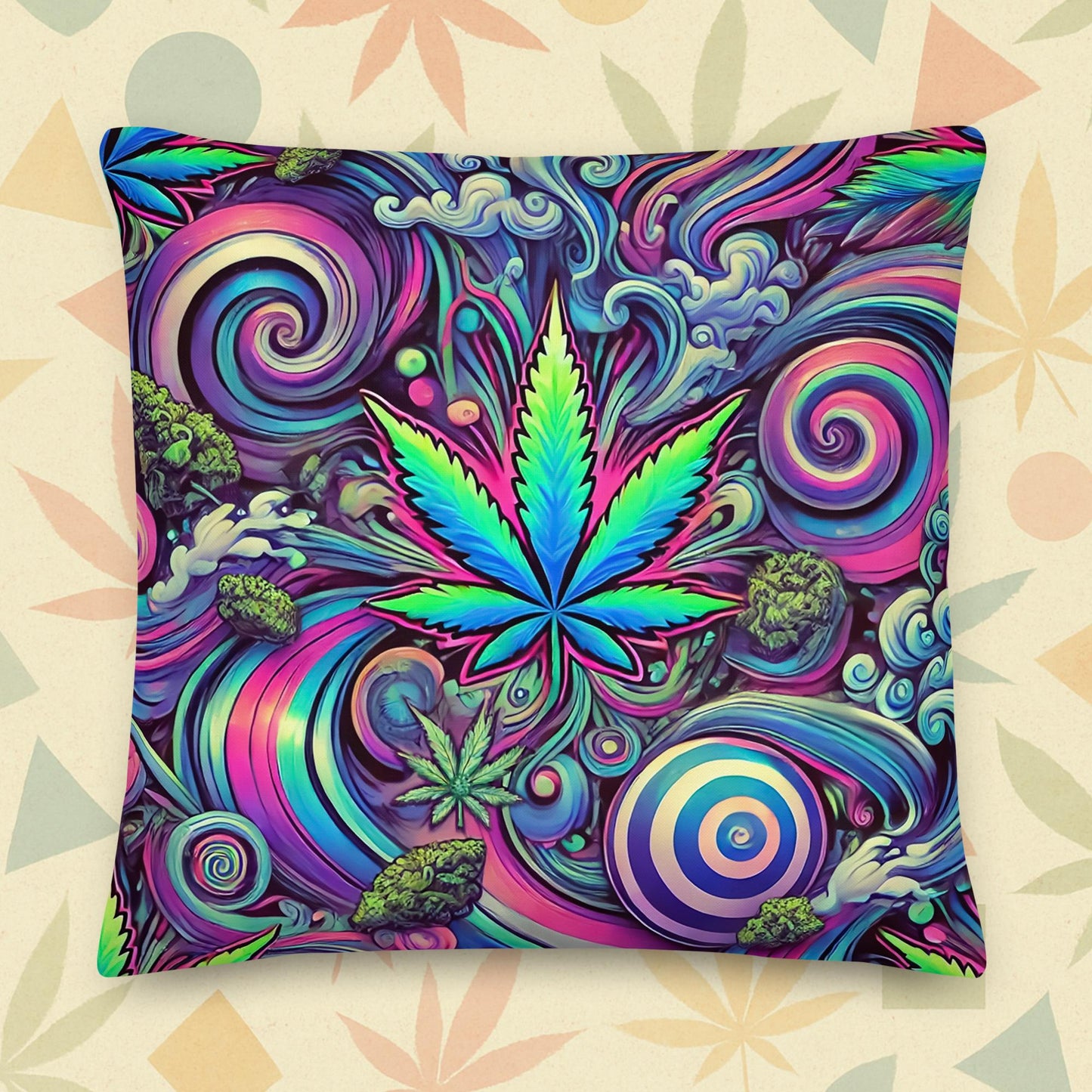 Chill Monkey premium pillow with psychedelic neon cannabis leaves swirling in purple-turquoise waves, 420 home décor accent, 22x22 in front view.