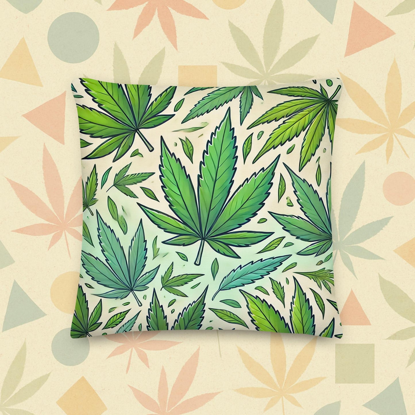 Chill Monkey premium pillow with watercolor cannabis leaf pattern, streetwear-inspired 420 home décor, 18×18 inch front view.