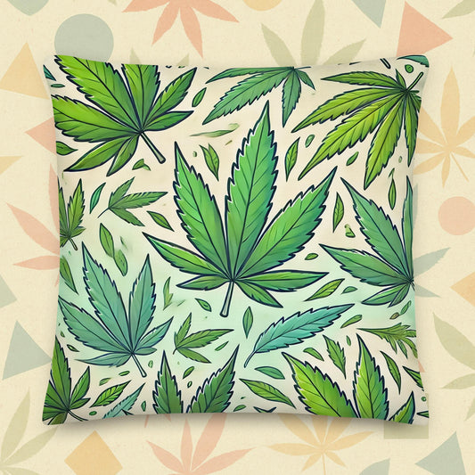 Chill Monkey premium pillow with watercolor cannabis leaf pattern, streetwear-inspired 420 home décor, 22x22 inch front view.
