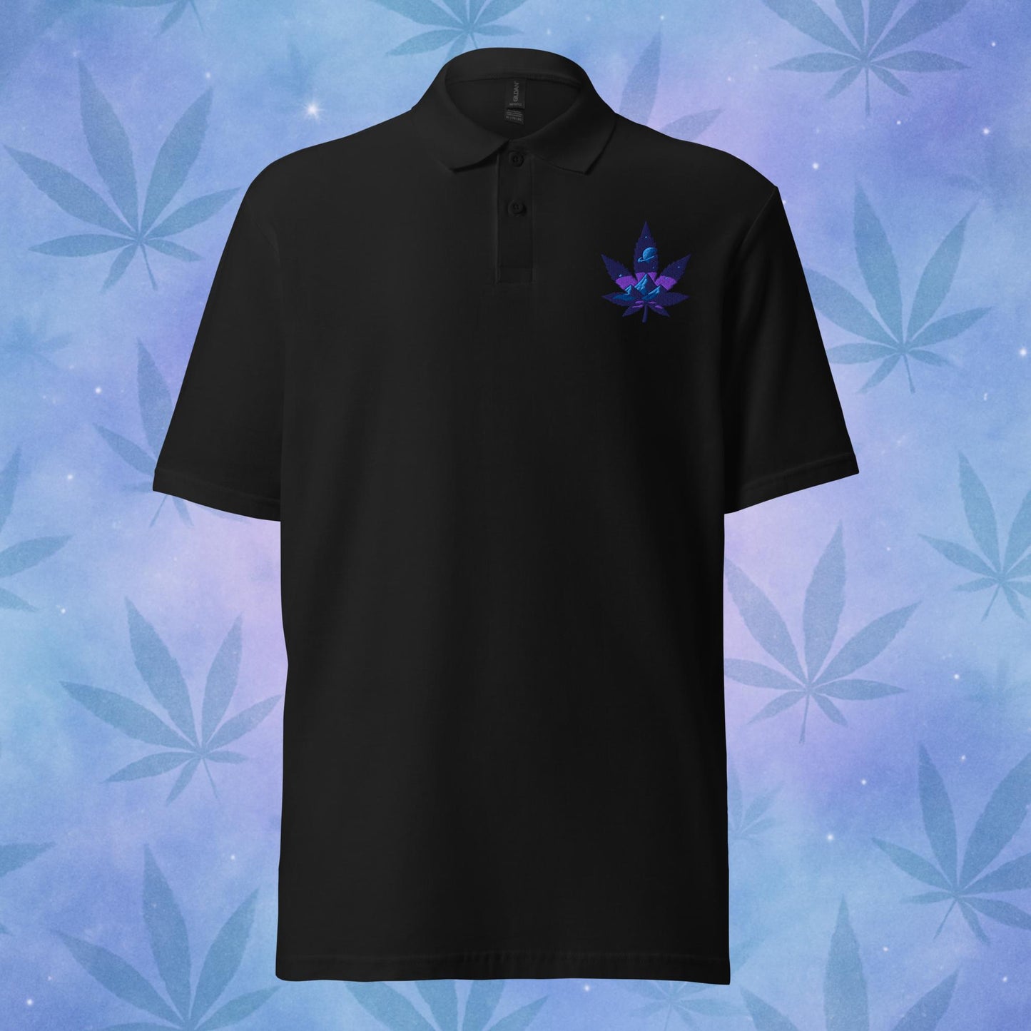 Chill Monkey piqué polo shirt “Galaxy Leaf” cannabis 420 streetwear with embroidered blue leaf logo, front view, black color.