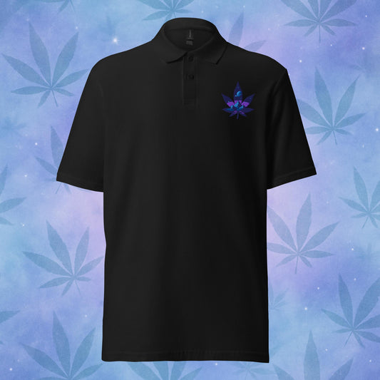 Chill Monkey piqué polo shirt “Galaxy Leaf” cannabis 420 streetwear with embroidered blue leaf logo, front view, black color.