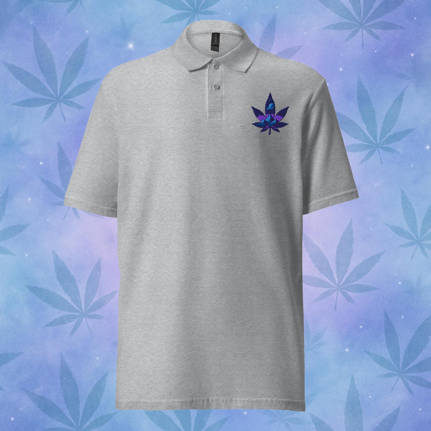 Chill Monkey piqué polo shirt “Galaxy Leaf” cannabis 420 streetwear with embroidered blue leaf logo, front view, grey color.