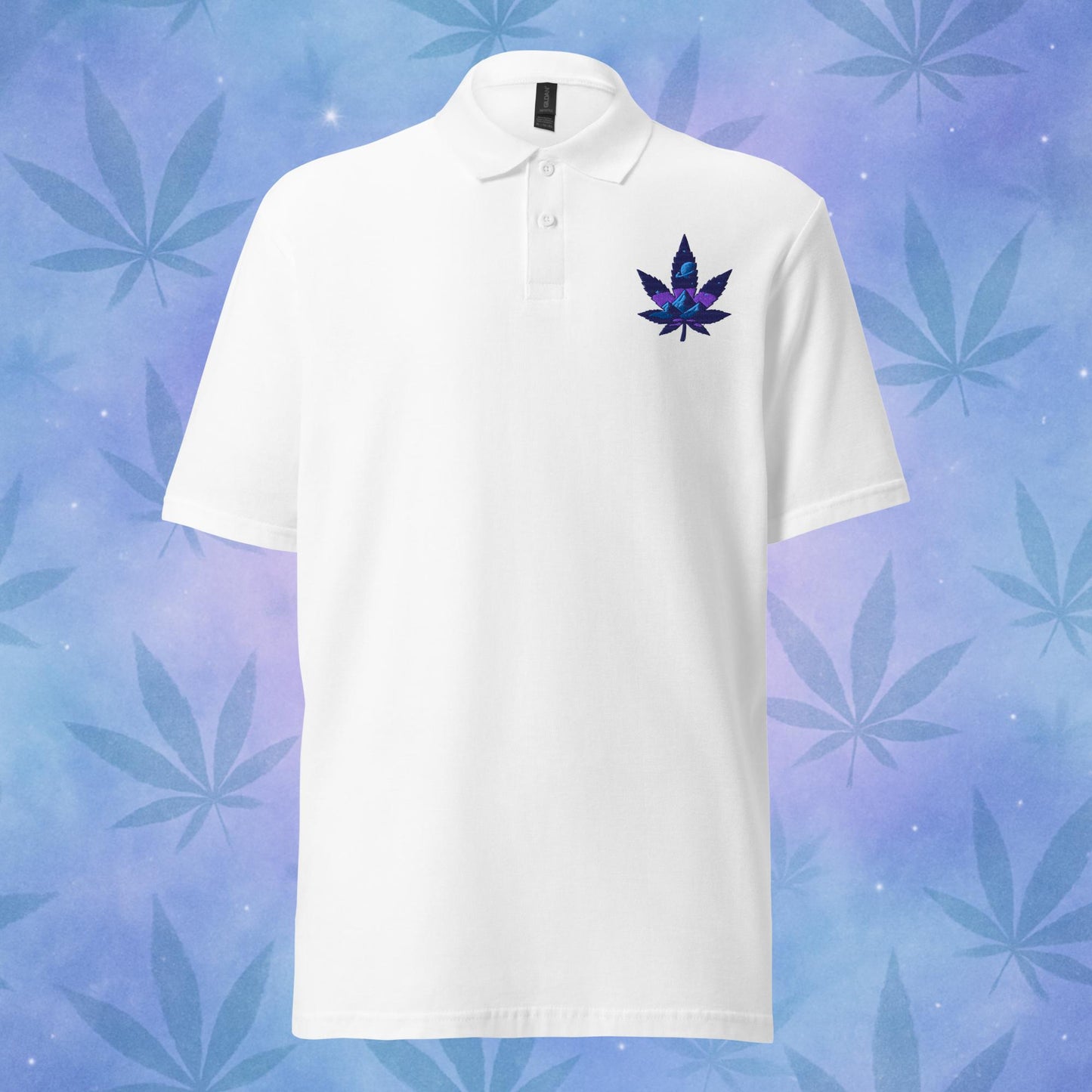 Chill Monkey piqué polo shirt “Galaxy Leaf” cannabis 420 streetwear with embroidered blue leaf logo, front view, white color.