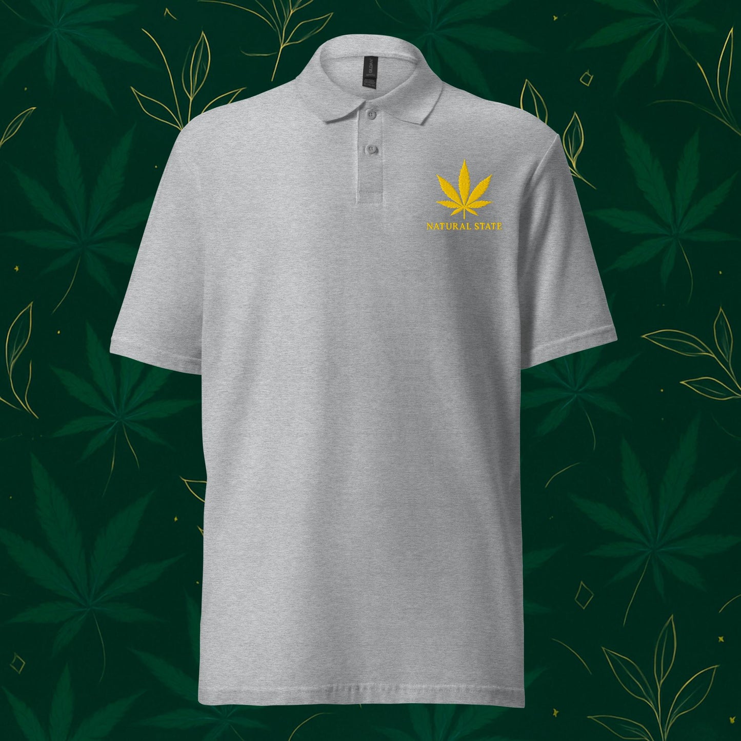 Chill Monkey piqué polo shirt “Gold Leaf” cannabis 420 with gold leaf chest embroidery and “Natural State” text, front view, grey color.