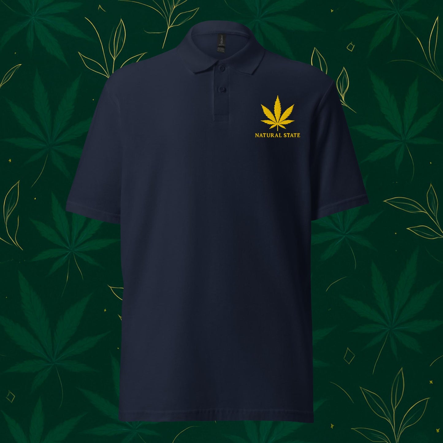 Chill Monkey piqué polo shirt “Gold Leaf” cannabis 420 with gold leaf chest embroidery and “Natural State” text, front view, navy color.