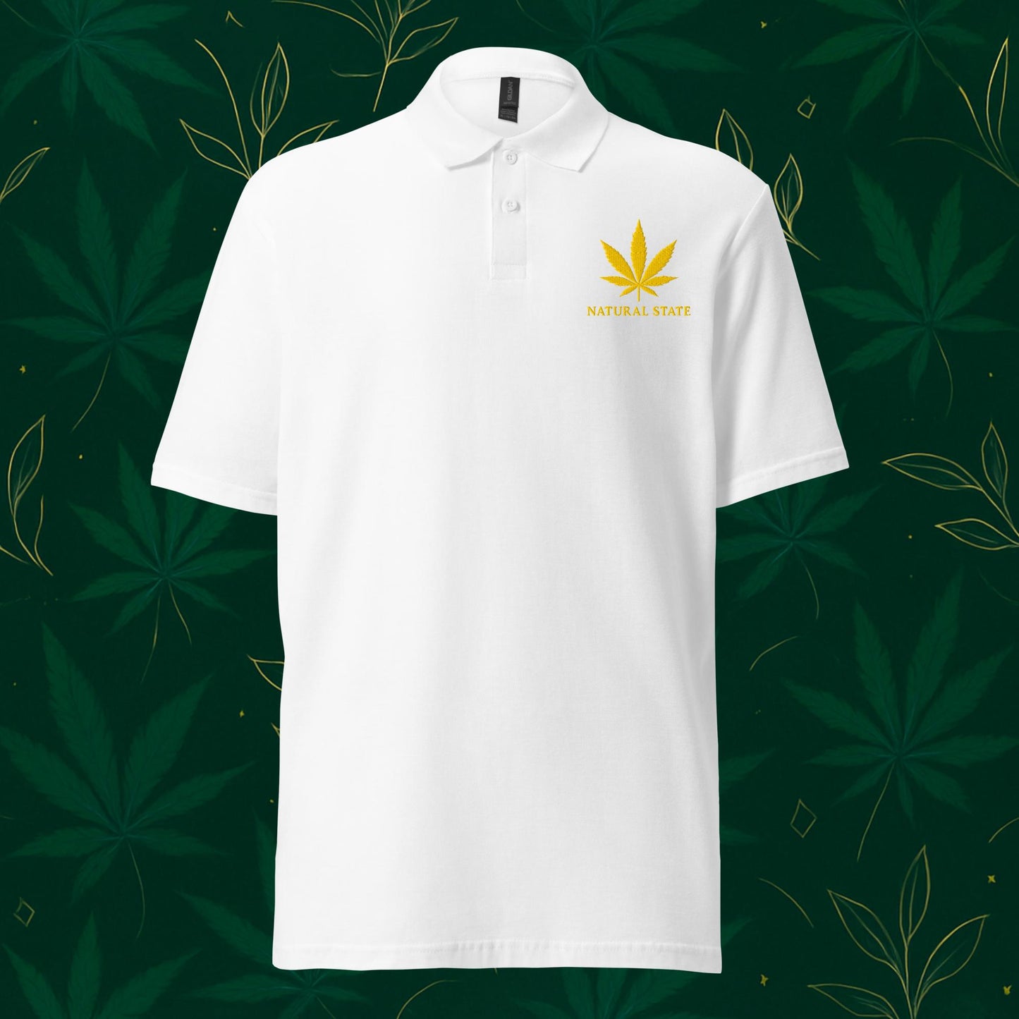 Chill Monkey piqué polo shirt “Gold Leaf” cannabis 420 with gold leaf chest embroidery and “Natural State” text, front view, white color.