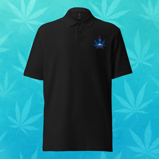 Chill Monkey piqué polo shirt “Sapphire Leaf” cannabis 420 streetwear with embroidered blue leaf logo, front view, black color.