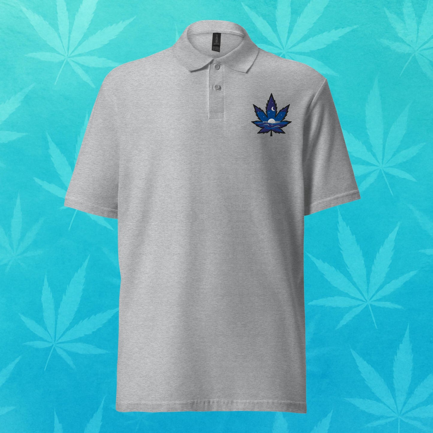 Chill Monkey piqué polo shirt “Sapphire Leaf” cannabis 420 streetwear with embroidered blue leaf logo, front view, grey color.