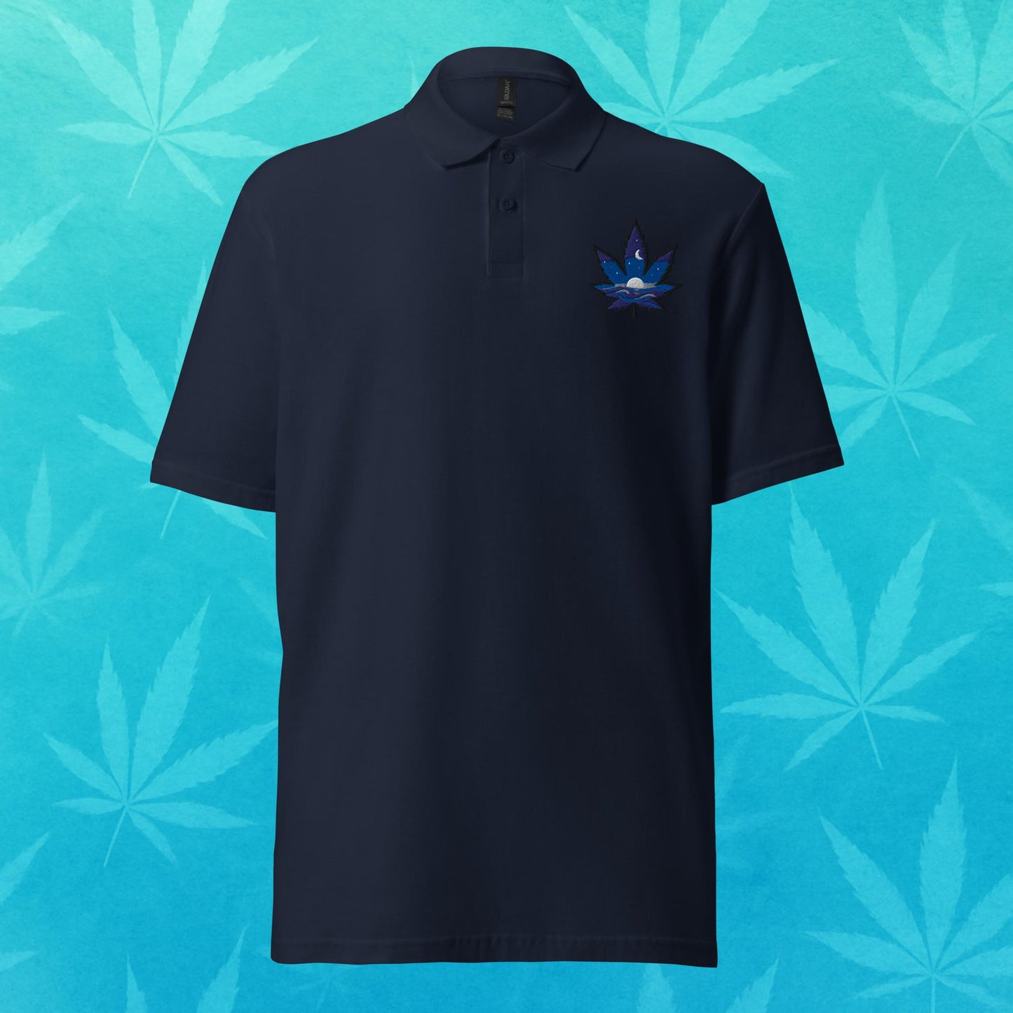 Chill Monkey piqué polo shirt “Sapphire Leaf” cannabis 420 streetwear with embroidered blue leaf logo, front view, navy color.