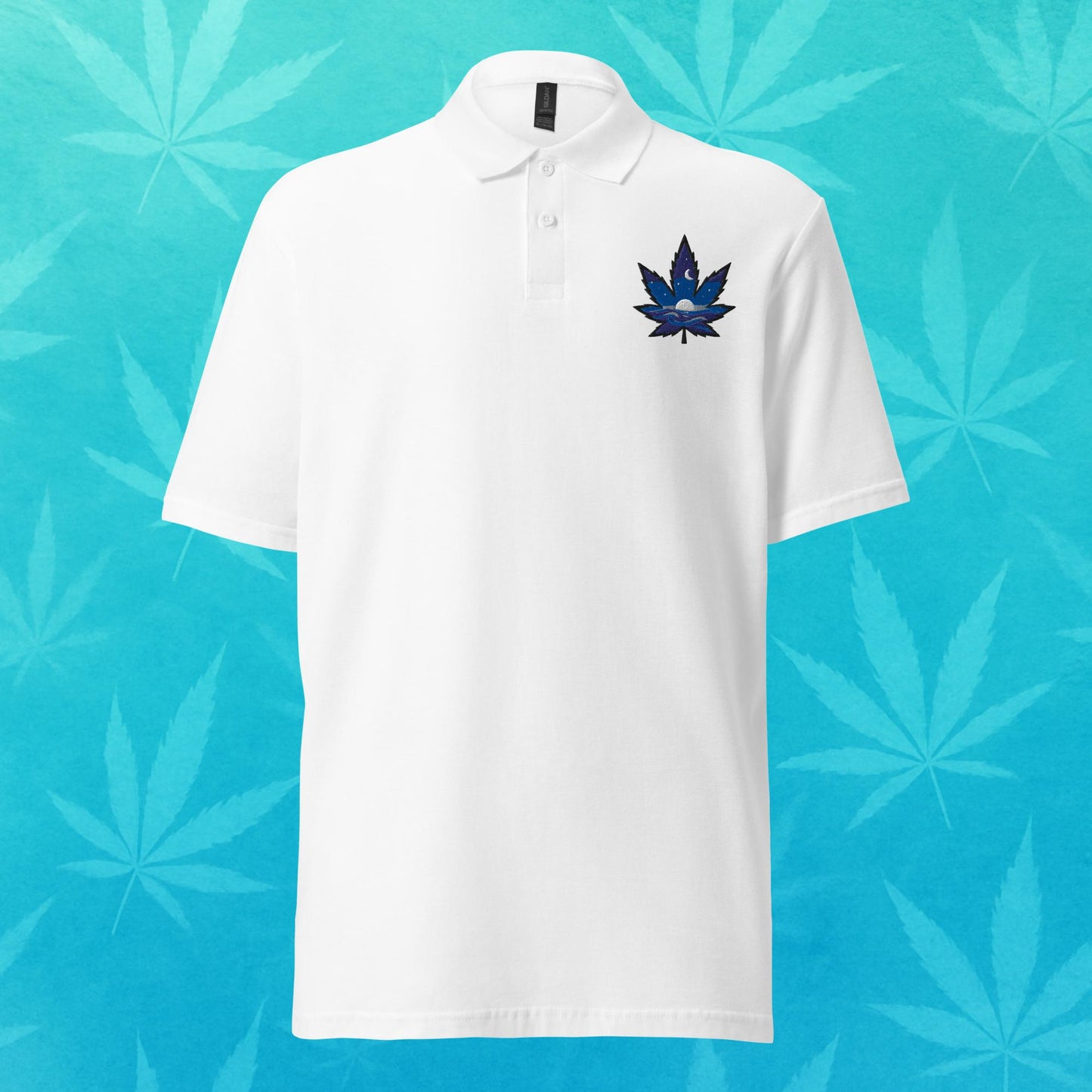 Chill Monkey piqué polo shirt “Sapphire Leaf” cannabis 420 streetwear with embroidered blue leaf logo, front view, white color.