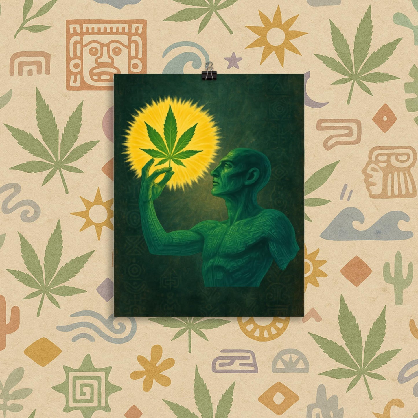 Chill Monkey poster “Sacred Herb” mystical cannabis art featuring green figure gazing at glowing marijuana leaf, 11x14 inch print.