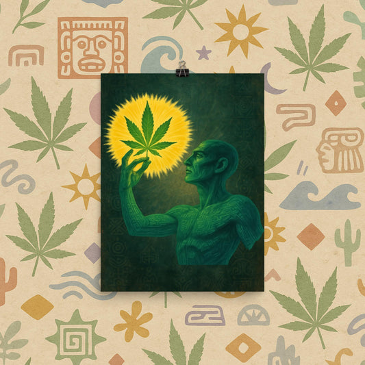 Chill Monkey poster “Sacred Herb” mystical cannabis art featuring green figure gazing at glowing marijuana leaf, 12x16 inch print.