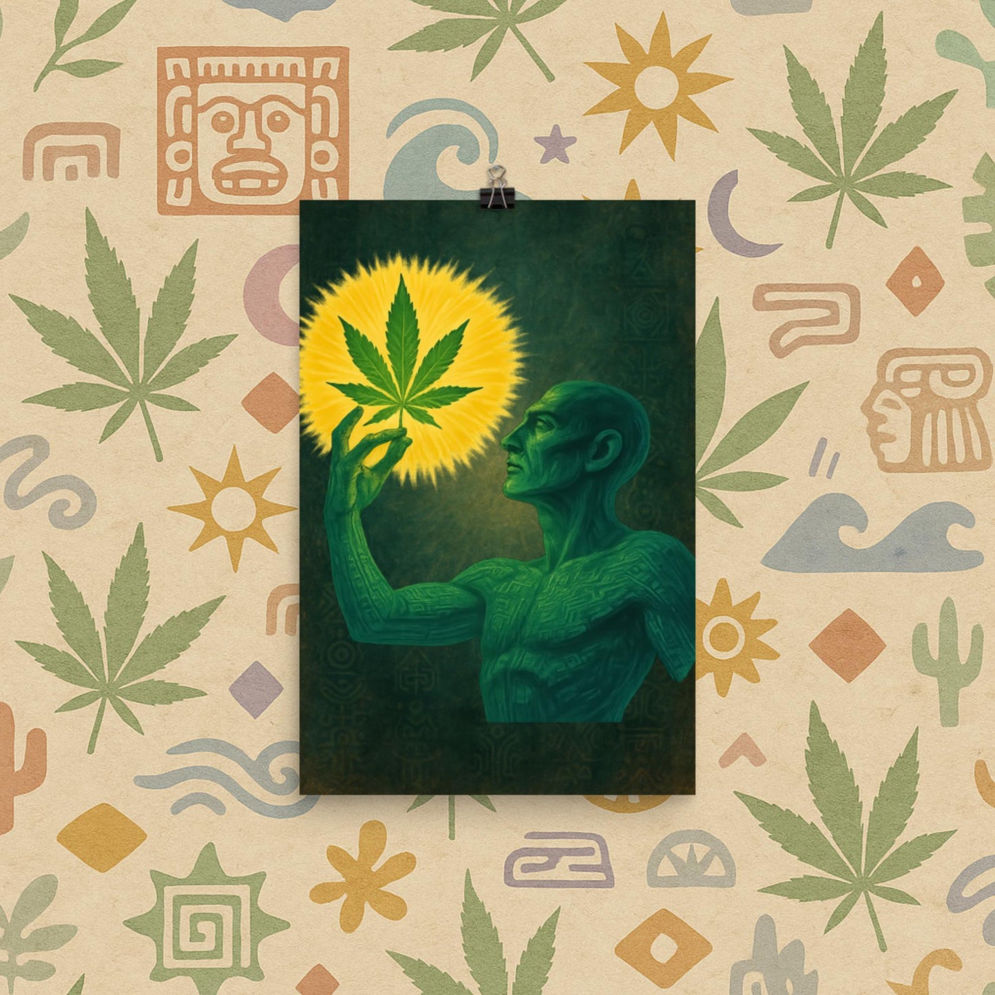 Chill Monkey poster “Sacred Herb” mystical cannabis art featuring green figure gazing at glowing marijuana leaf, 12x18 inch print.