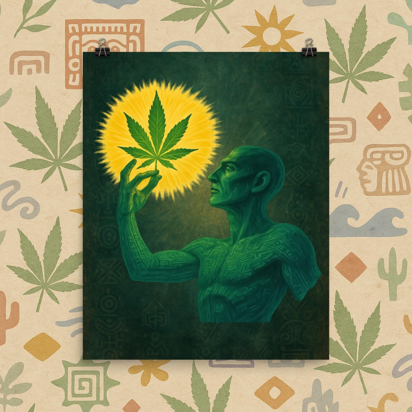 Chill Monkey poster “Sacred Herb” mystical cannabis art featuring green figure gazing at glowing marijuana leaf, 16x20 inch print.
