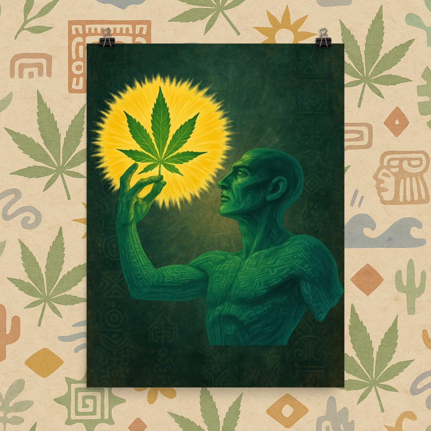 Chill Monkey poster “Sacred Herb” mystical cannabis art featuring green figure gazing at glowing marijuana leaf, 18×24 inch print.