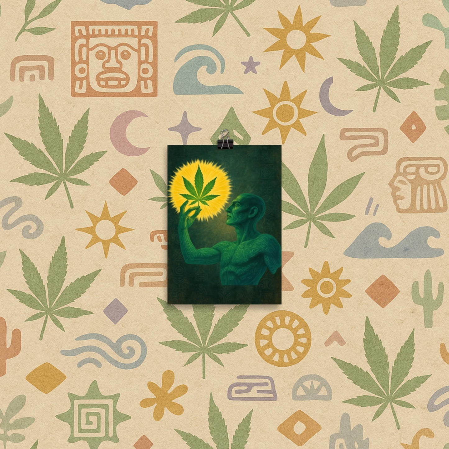 Chill Monkey poster “Sacred Herb” mystical cannabis art featuring green figure gazing at glowing marijuana leaf, 5x7 inch print.