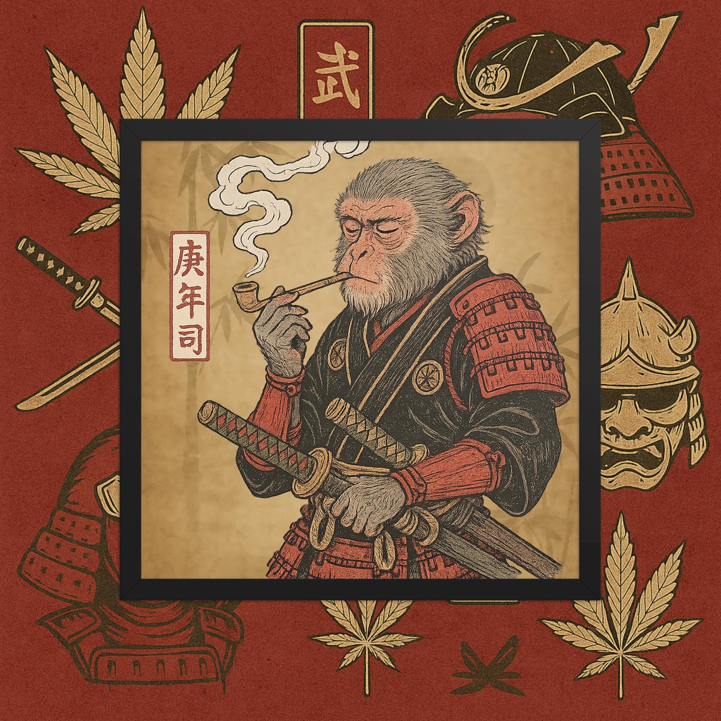 Chill Monkey framed poster “Warrior Leaf” wall art featuring samurai monkey smoking cannabis, black frame, 16×16 inch print.