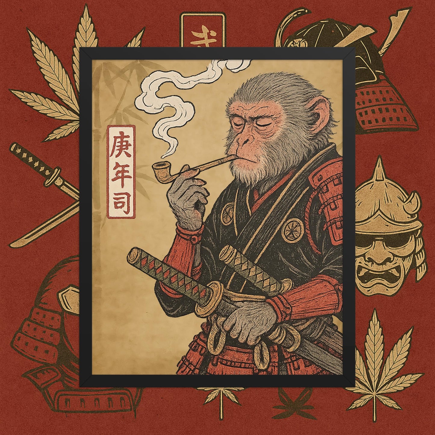 Chill Monkey framed poster “Warrior Leaf” wall art featuring samurai monkey smoking cannabis, black frame, 16×20 inch print.