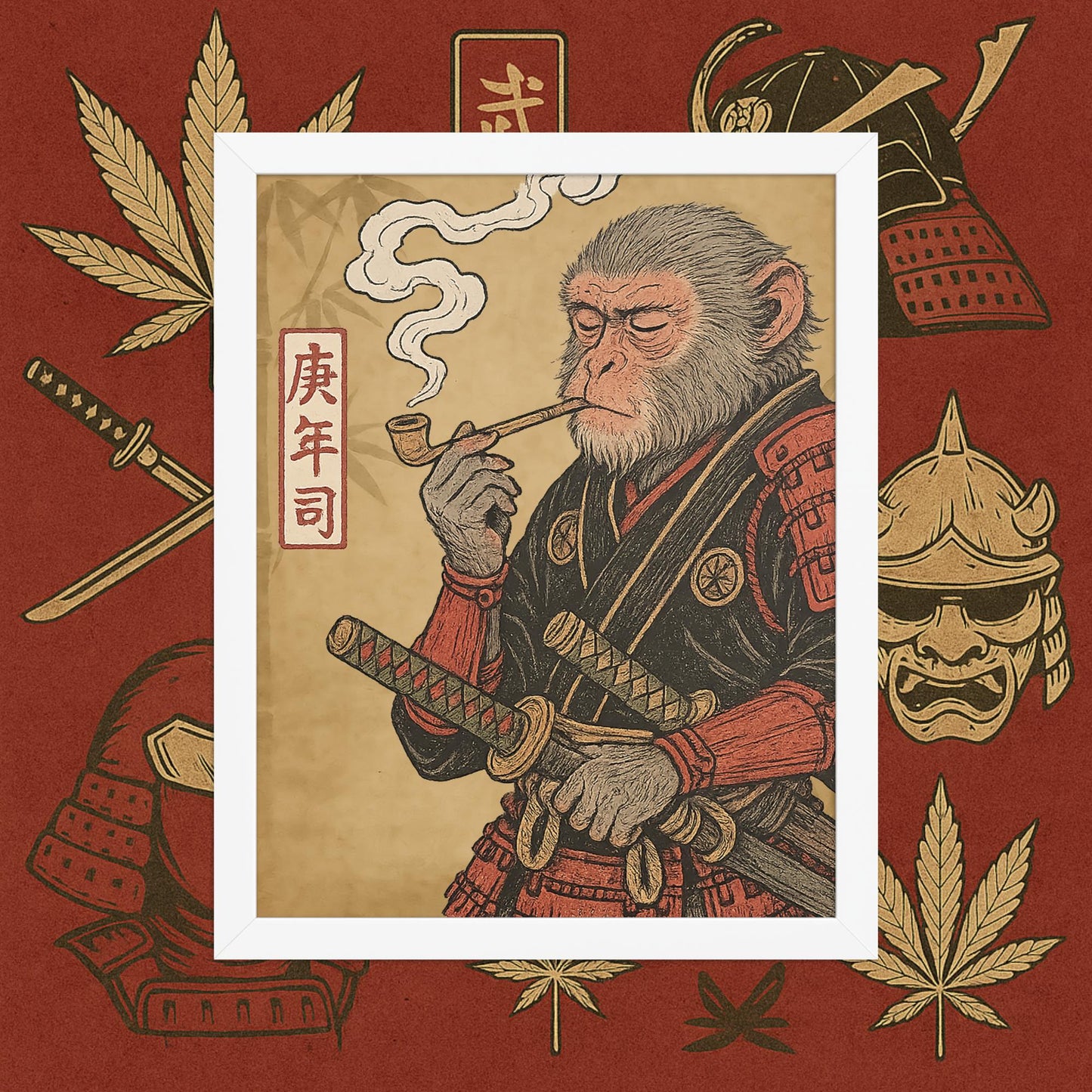 Chill Monkey framed poster “Warrior Leaf” wall art featuring samurai monkey smoking cannabis, white frame, 11x14 inch print.