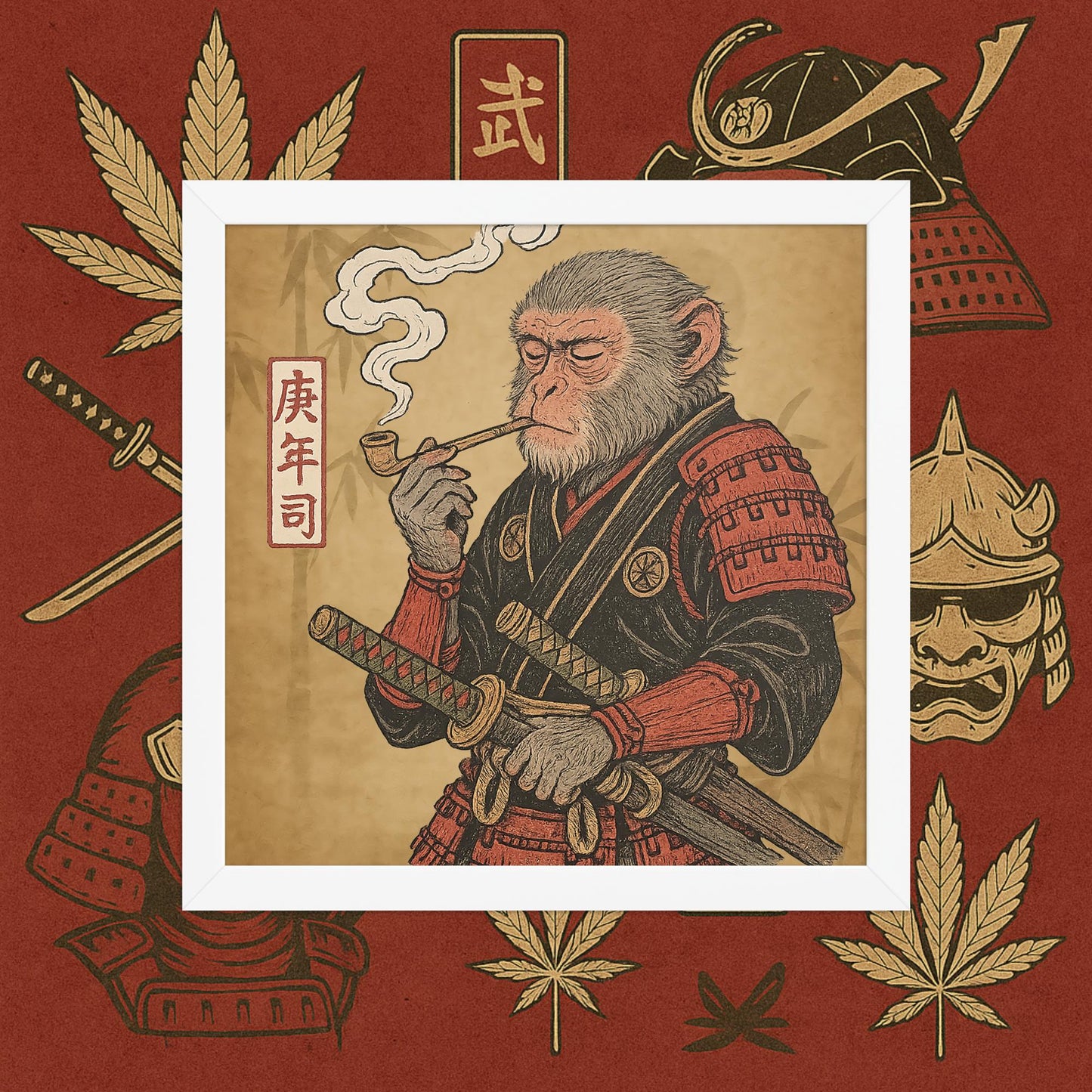 Chill Monkey framed poster “Warrior Leaf” wall art featuring samurai monkey smoking cannabis, white frame, 12×12 inch print.