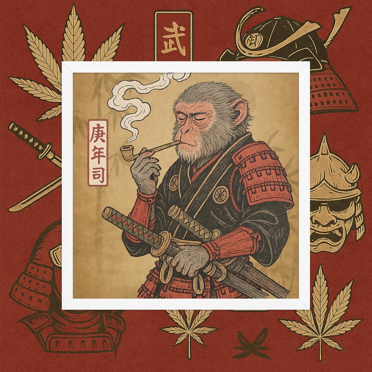 Chill Monkey framed poster “Warrior Leaf” wall art featuring samurai monkey smoking cannabis, white frame, 16×16 inch print.