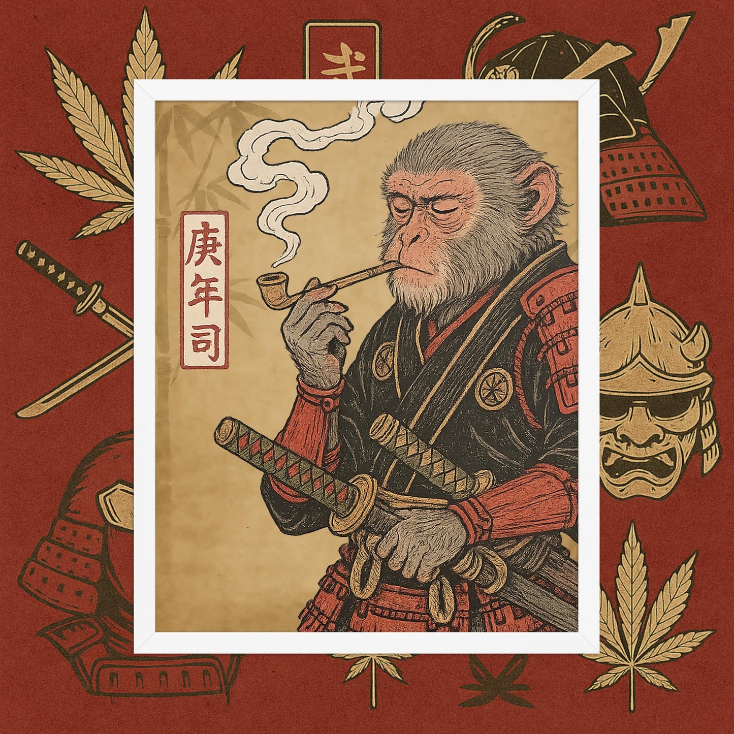 Chill Monkey framed poster “Warrior Leaf” wall art featuring samurai monkey smoking cannabis, white frame, 16×20 inch print.