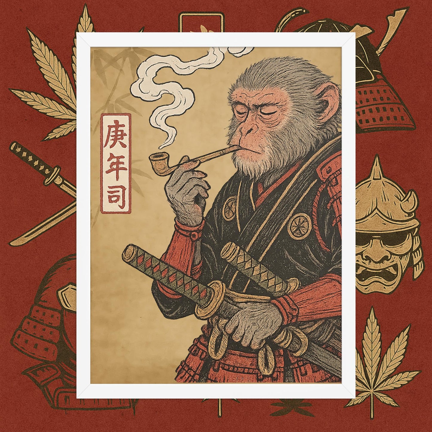 Chill Monkey framed poster “Warrior Leaf” wall art featuring samurai monkey smoking cannabis, white frame, 18×24 inch print.