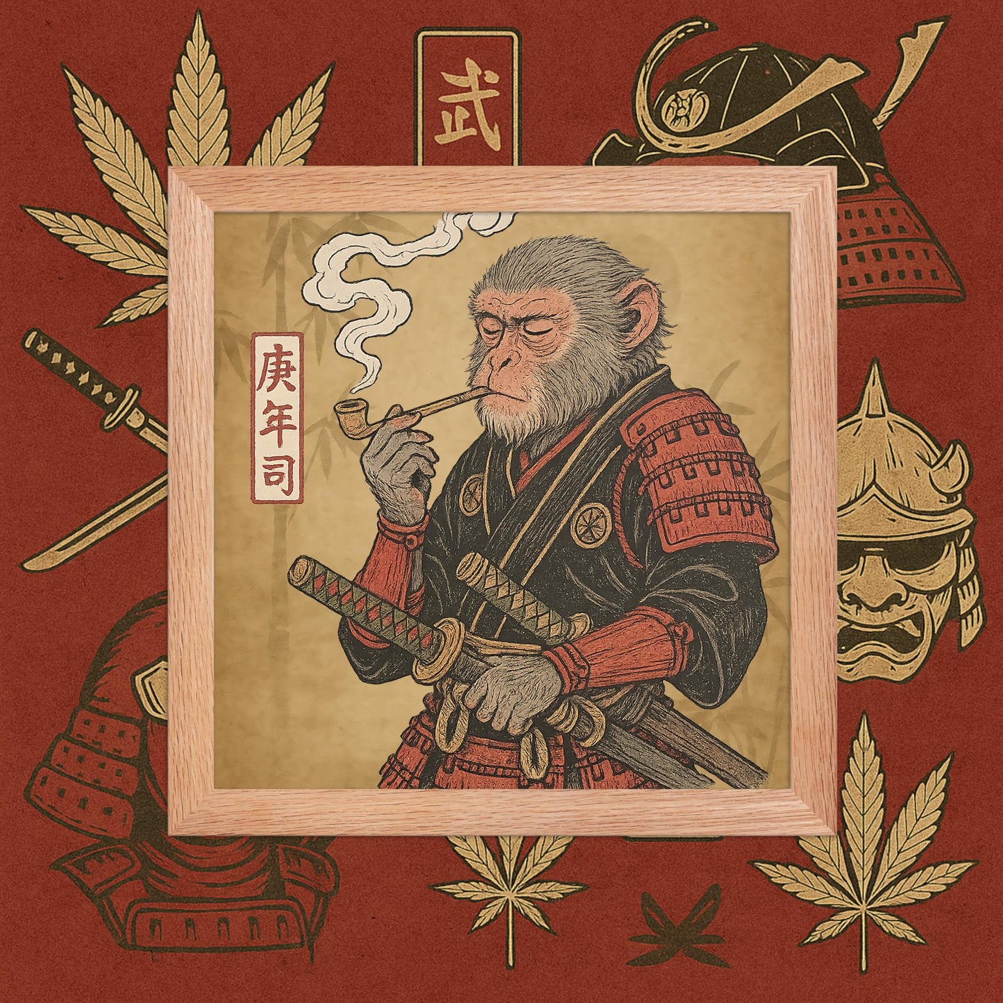 Chill Monkey framed poster “Warrior Leaf” wall art featuring samurai monkey smoking cannabis, wood frame, 10×10 inch print.