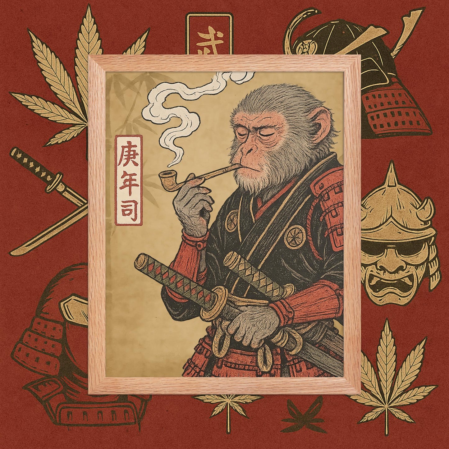 Chill Monkey framed poster “Warrior Leaf” wall art featuring samurai monkey smoking cannabis, wood frame, 11x14 inch print.