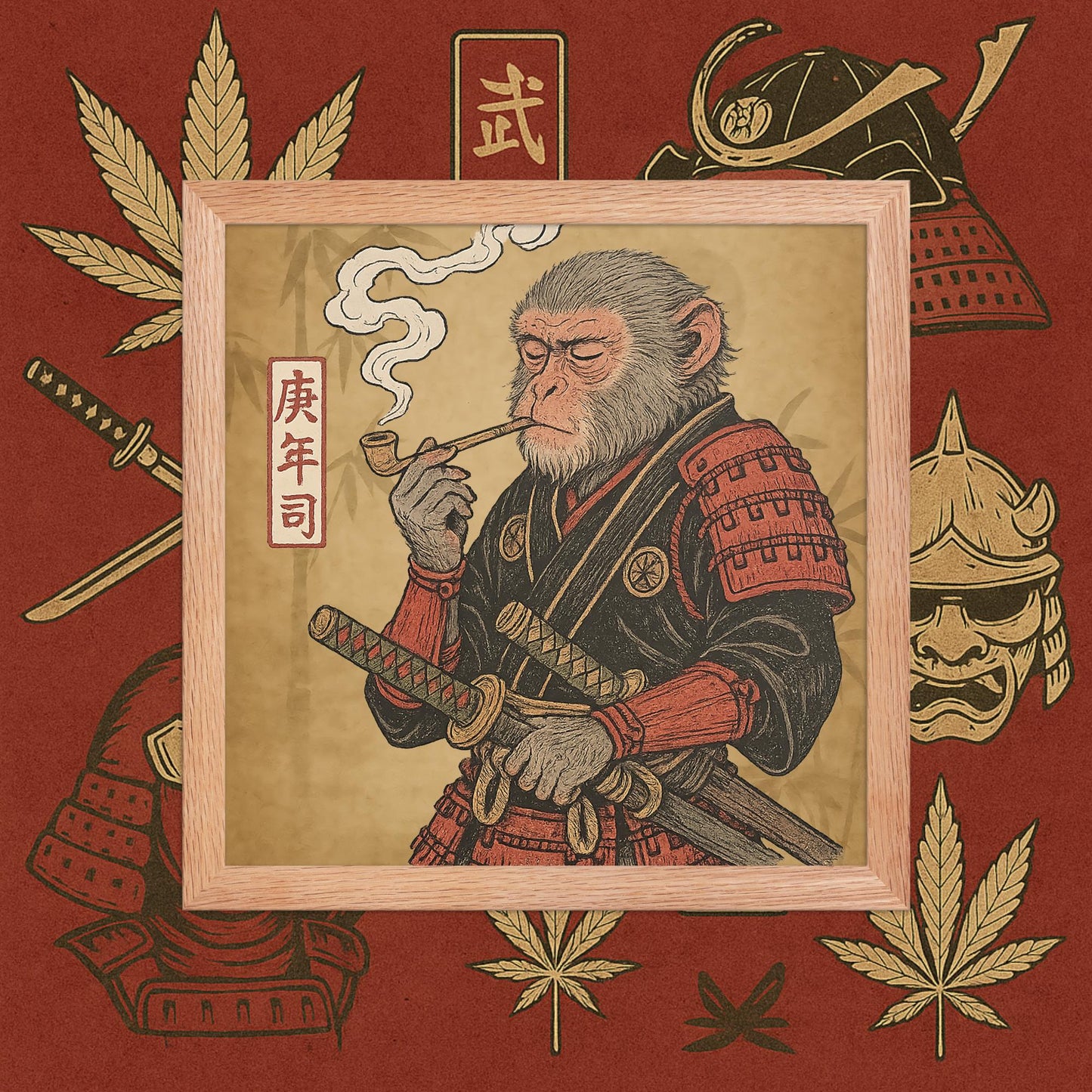 Chill Monkey framed poster “Warrior Leaf” wall art featuring samurai monkey smoking cannabis, wood frame, 12×12 inch print.