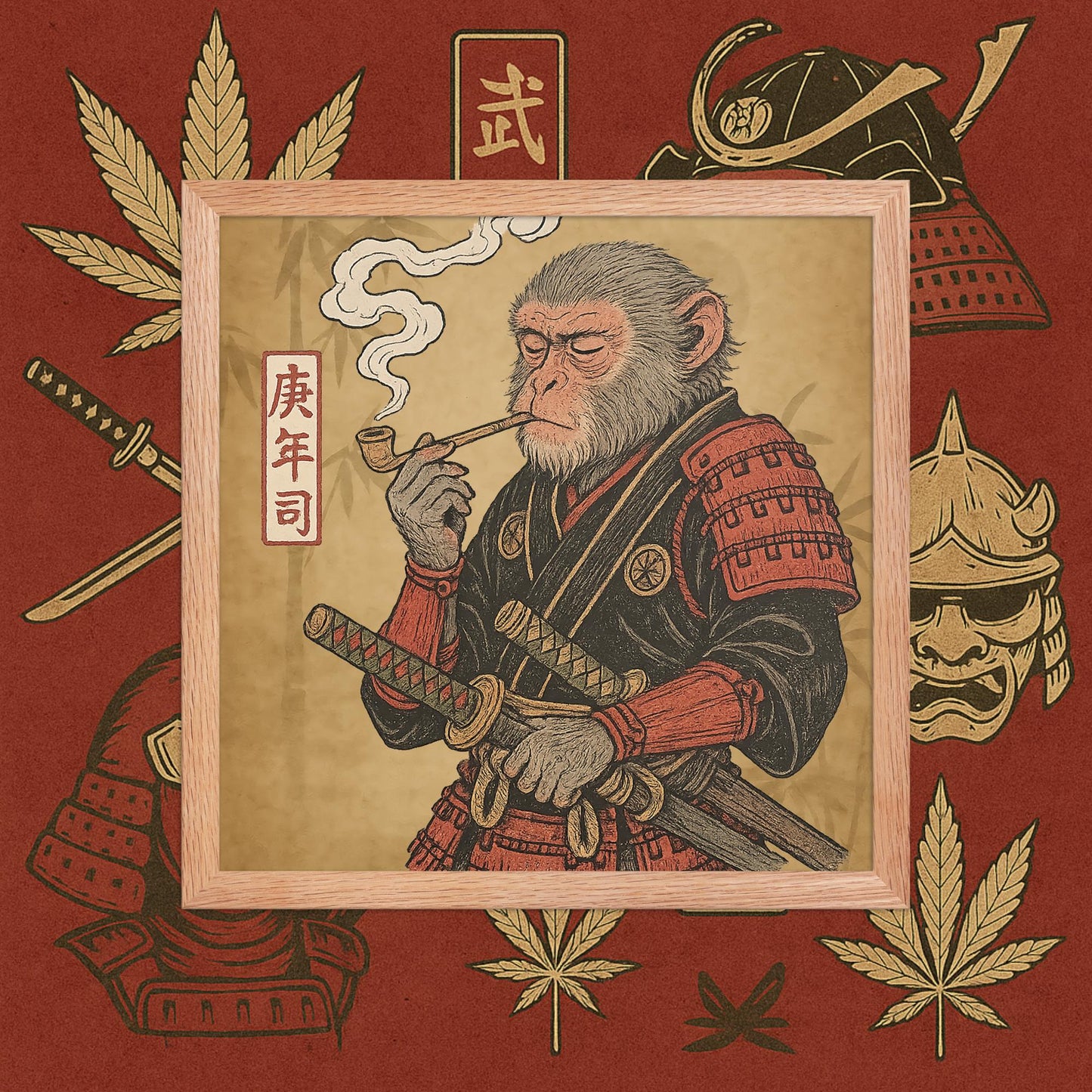 Chill Monkey framed poster “Warrior Leaf” wall art featuring samurai monkey smoking cannabis, wood frame, 14×14 inch print.