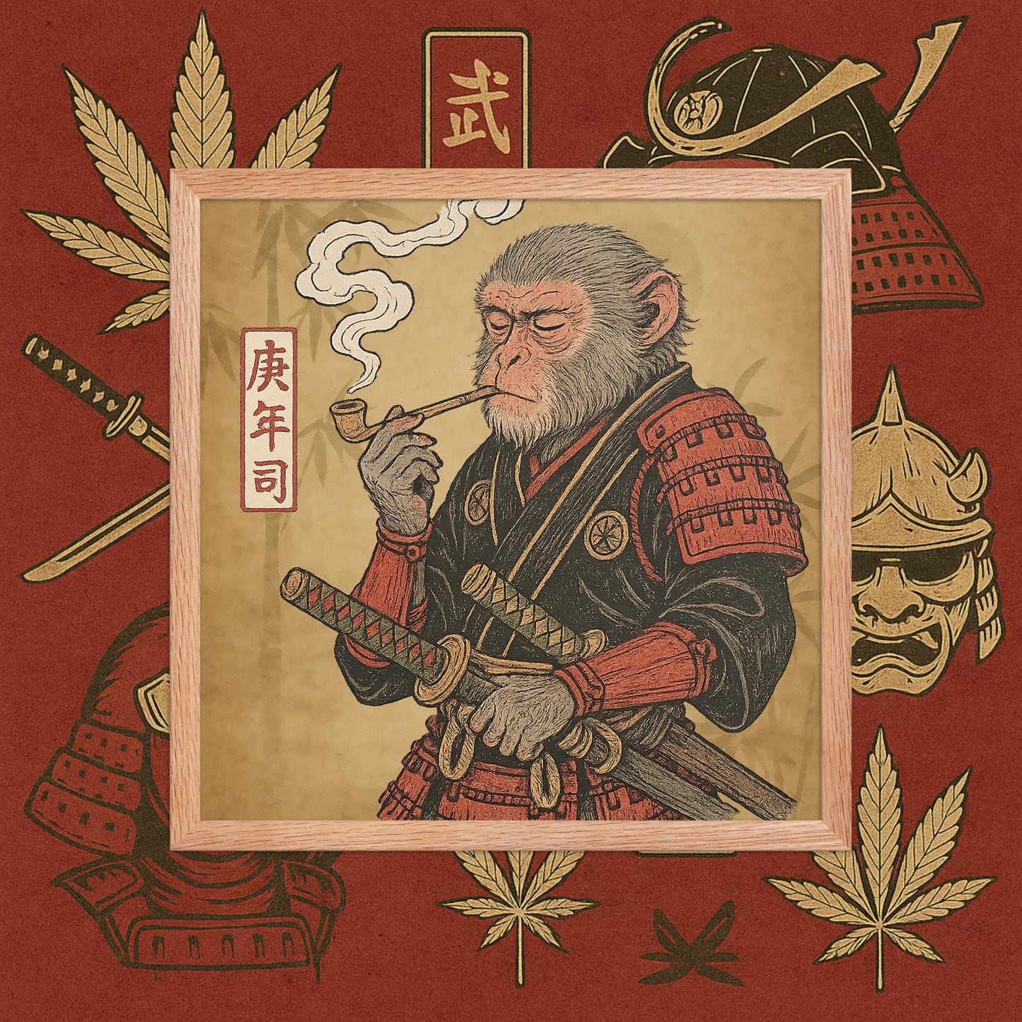 Chill Monkey framed poster “Warrior Leaf” wall art featuring samurai monkey smoking cannabis, black frame, 16×16 inch print.
