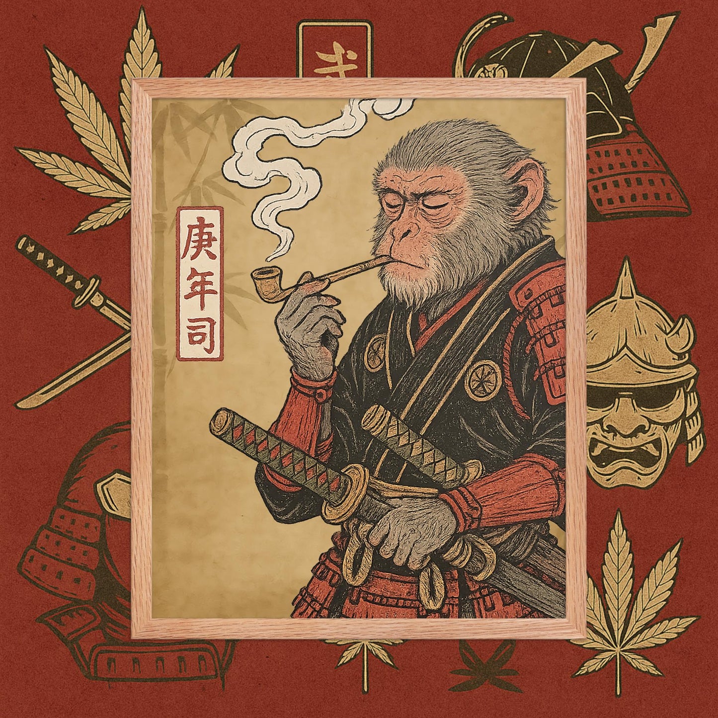 Chill Monkey framed poster “Warrior Leaf” wall art featuring samurai monkey smoking cannabis, wood frame, 16×20 inch print.