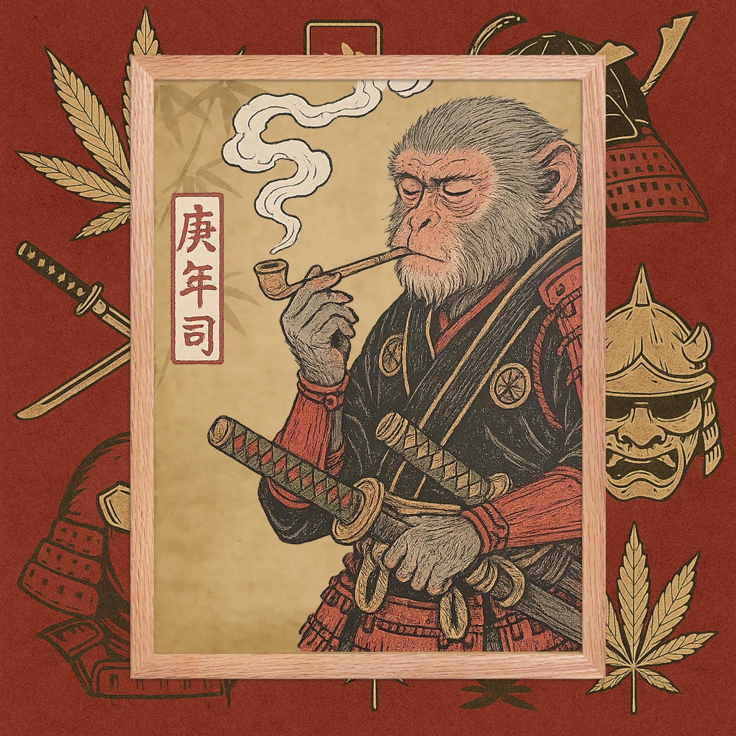 Chill Monkey framed poster “Warrior Leaf” wall art featuring samurai monkey smoking cannabis, wood frame, 18×24 inch print.