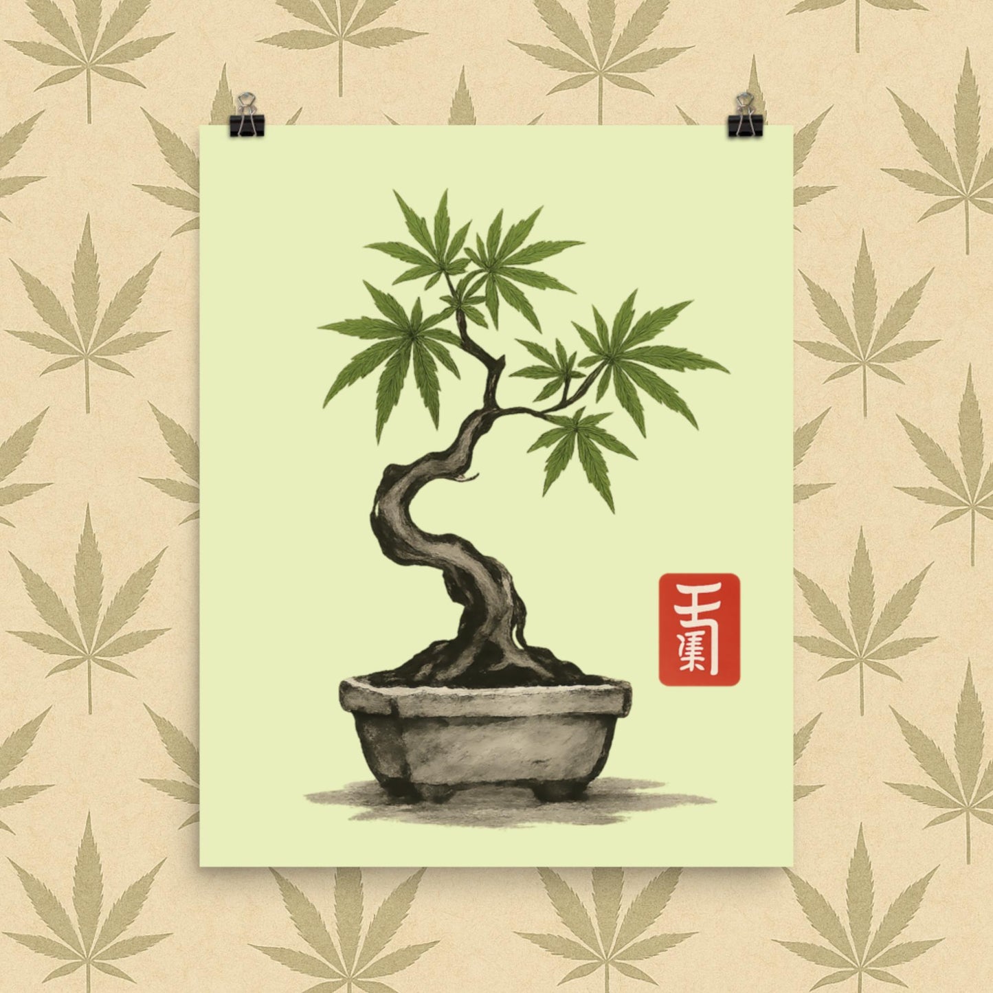 Chill Monkey matte poster “Zen Bonsai Leaf” cannabis 420 wall art with sumi-e bonsai tree and marijuana leaves, 16×20 inch print.