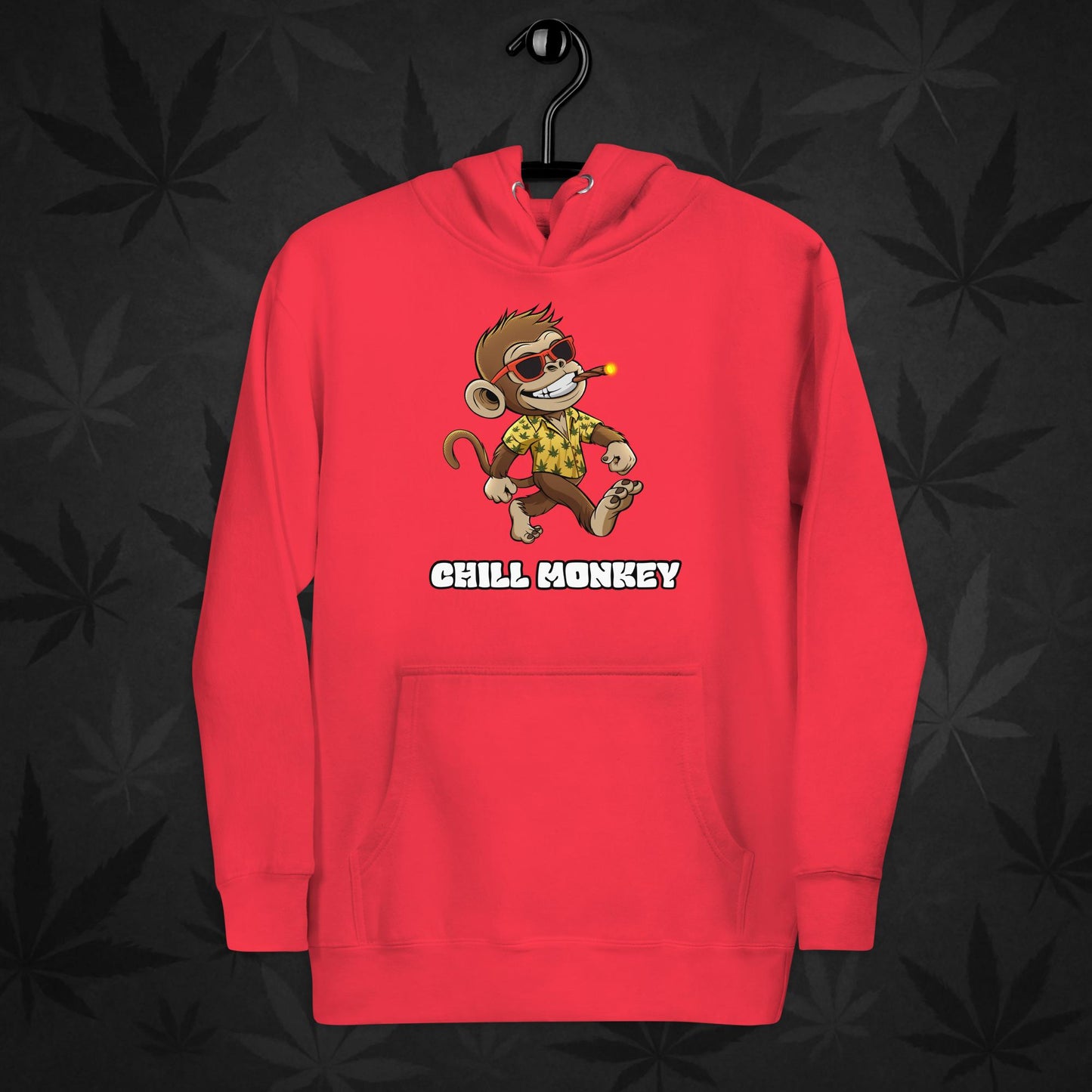 Red hoodie with smoking cartoon monkey – Chill Monkey 420 streetwear design