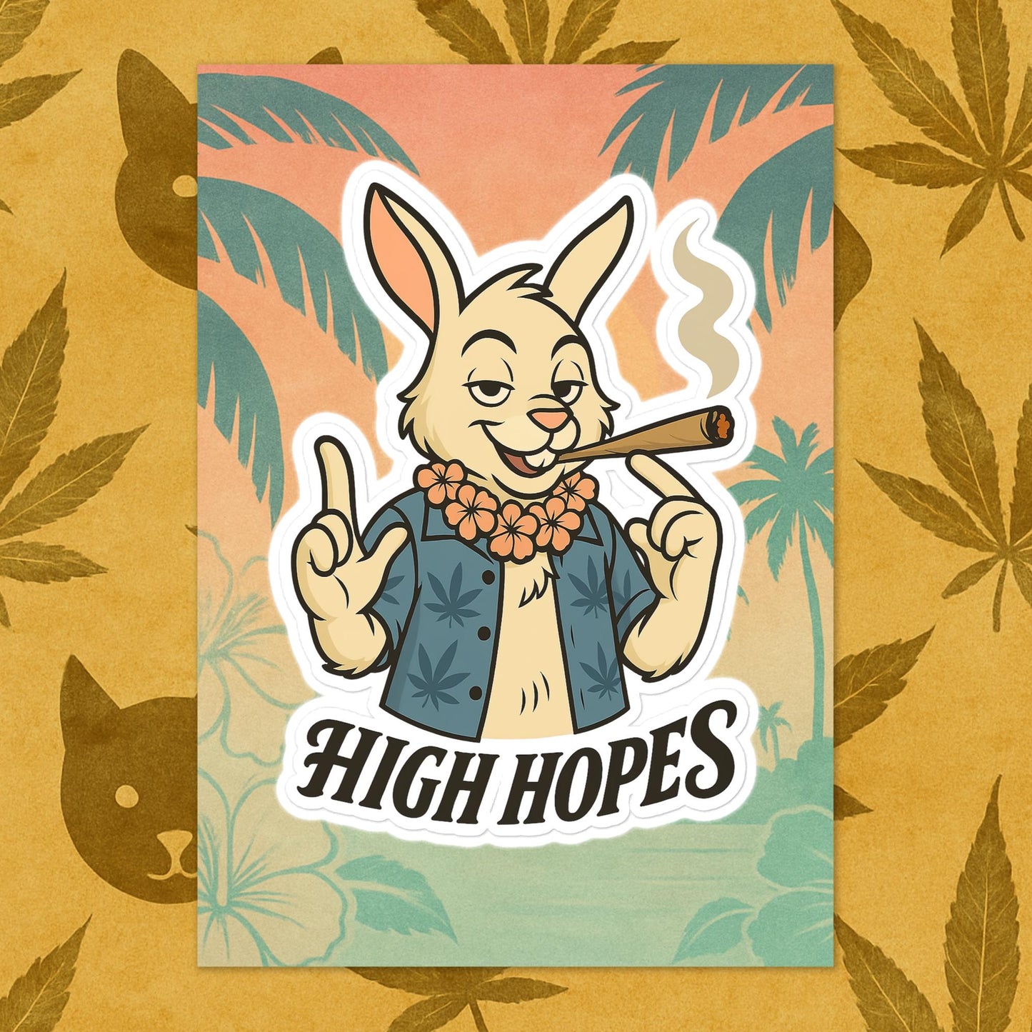 Chill Monkey vinyl sticker “High Hopes” with cartoon bunny smoking cannabis joint, die-cut decal, 3×4 inch size.
