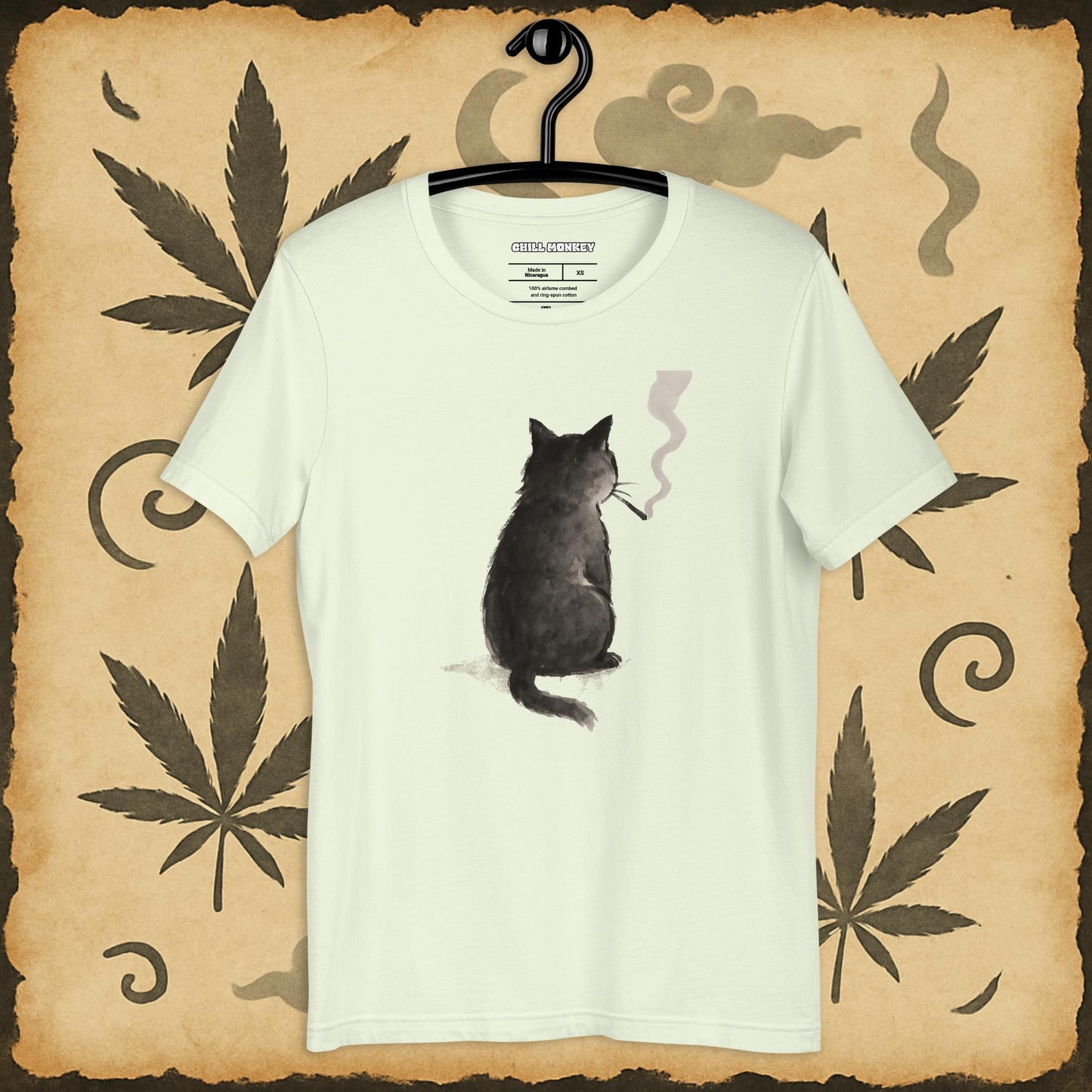 Oversized t-shirt with smoking black cat, beige color – Chill Monkey