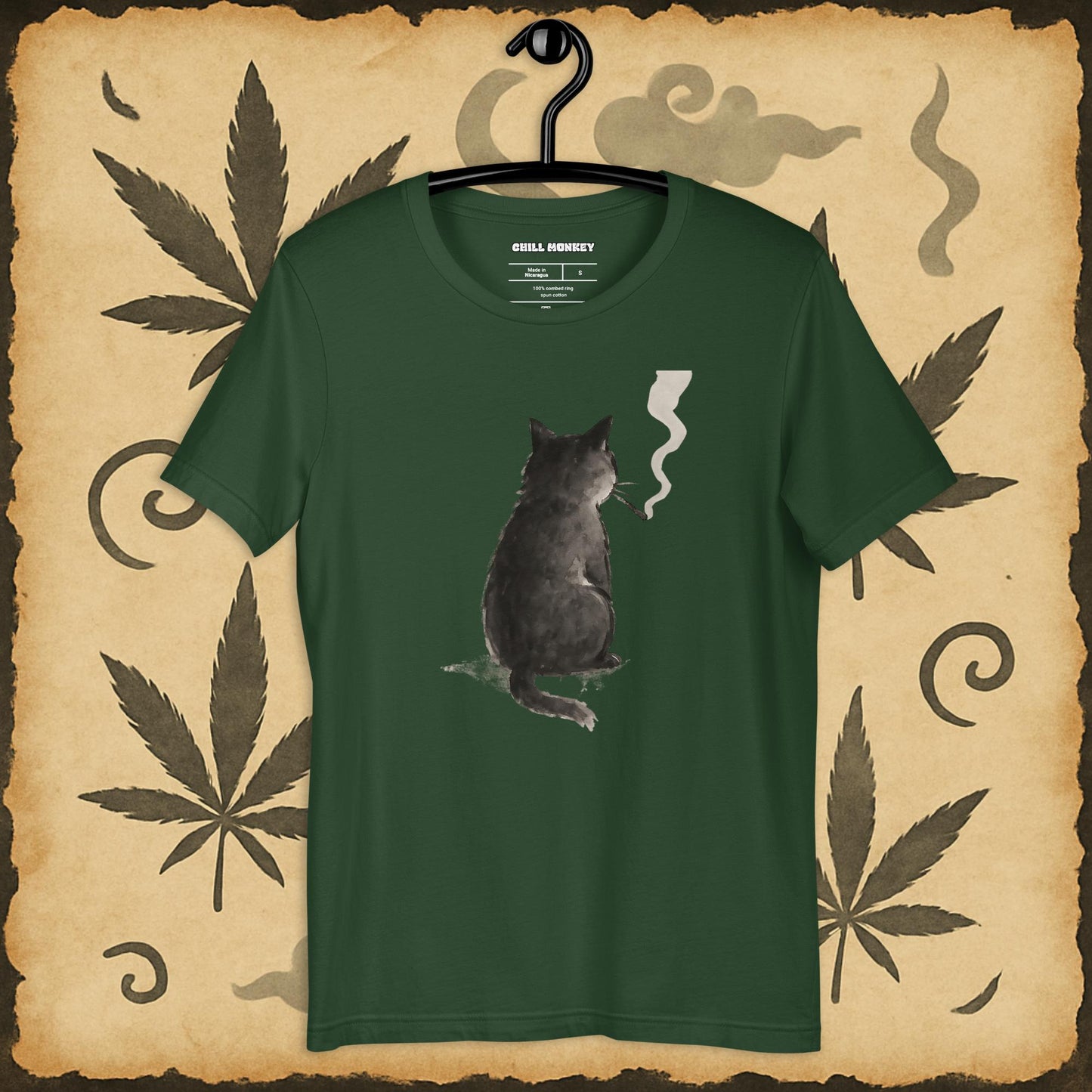 Oversized t-shirt with smoking black cat, green color – Chill Monkey