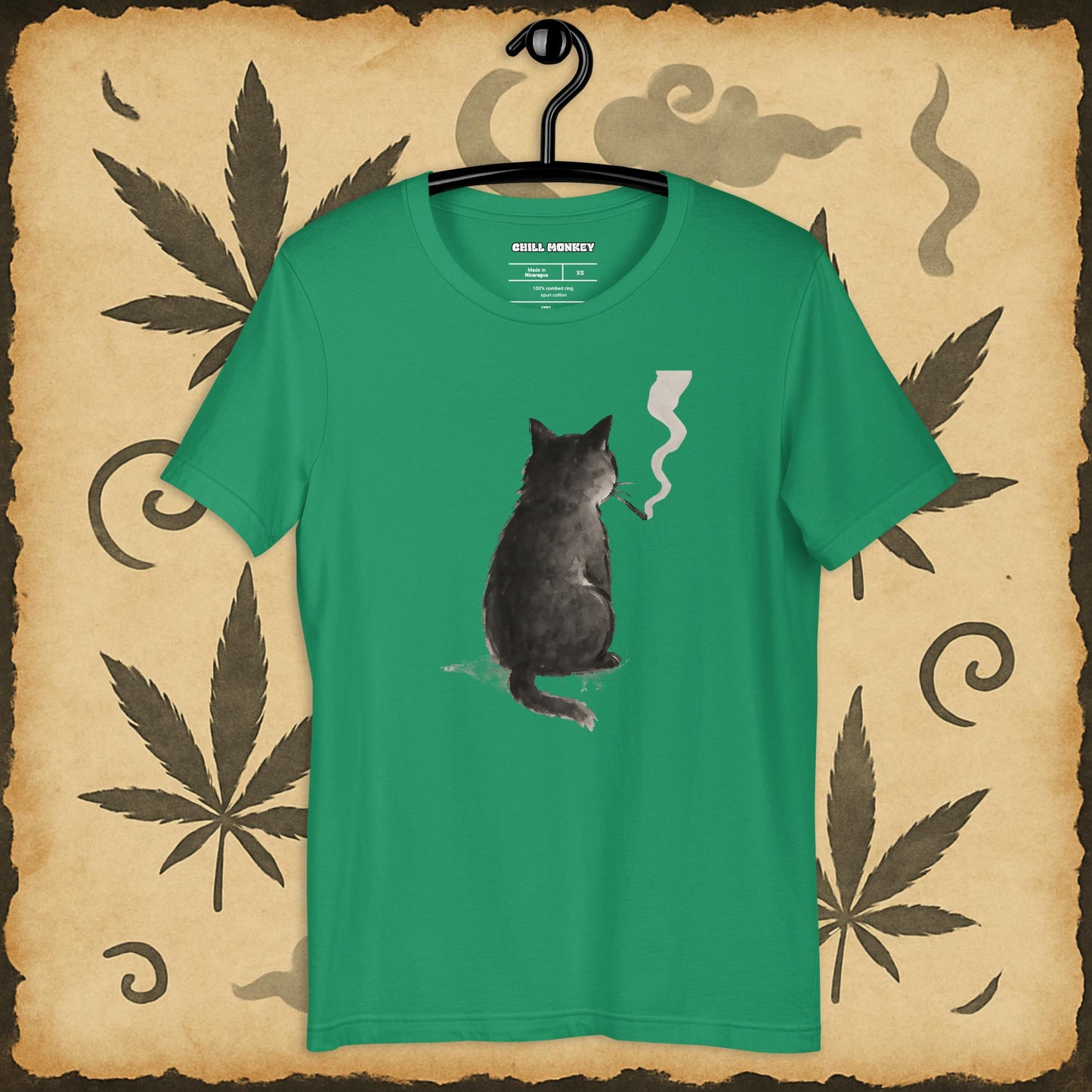 Oversized t-shirt with smoking black cat, green color – Chill Monkey