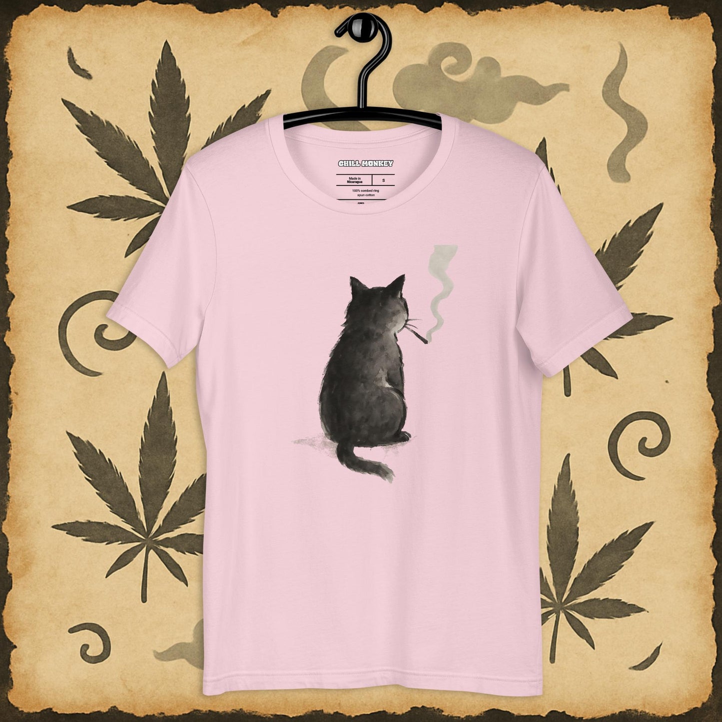 Oversized t-shirt with smoking black cat, pink color – Chill Monkey