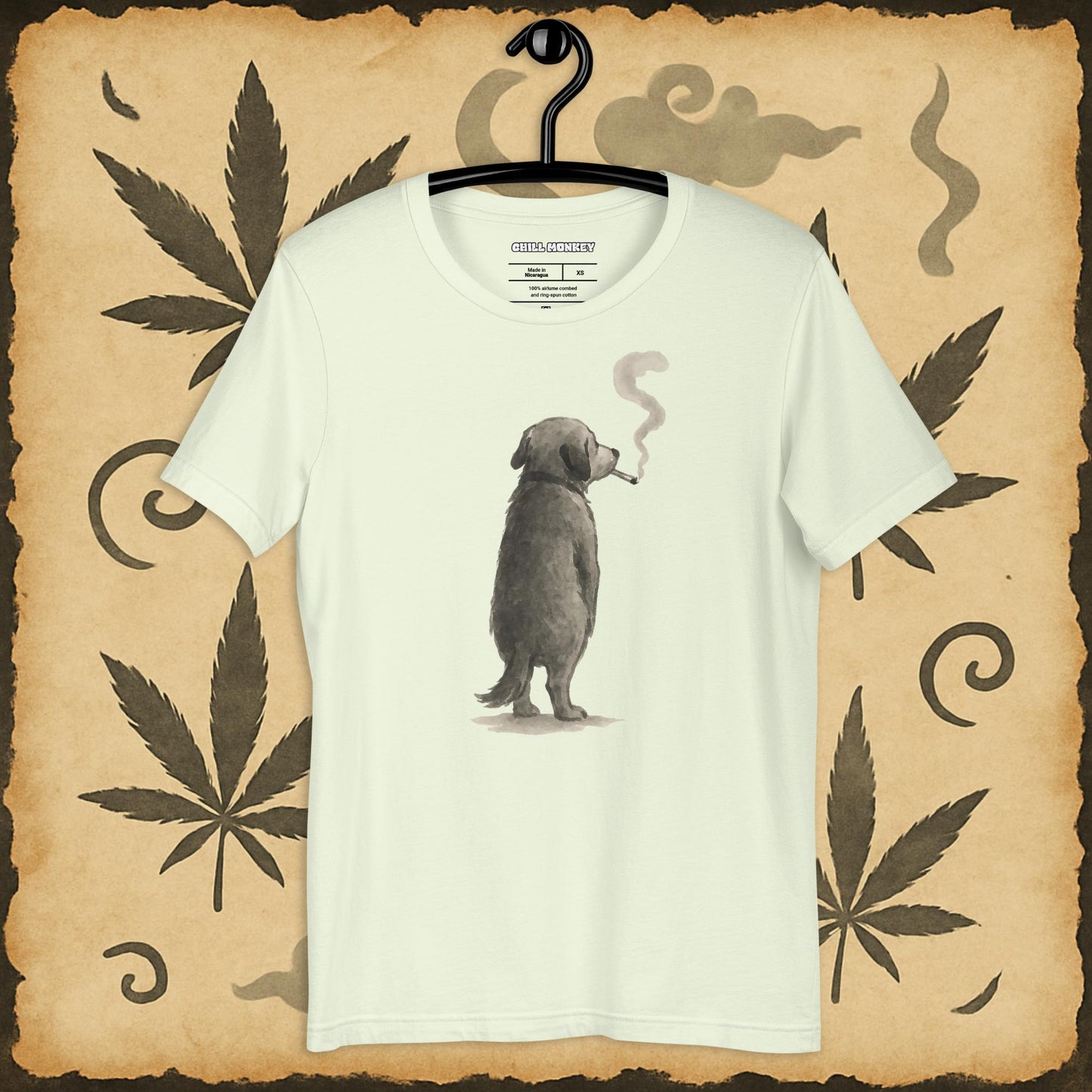 Relaxed fit beige t-shirt with sumi-e dog blowing smoke – Chill Monkey cannabis streetwear