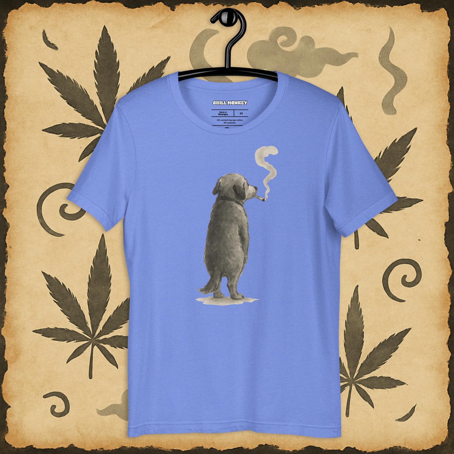 Relaxed fit blue t-shirt with sumi-e dog blowing smoke – Chill Monkey cannabis streetwear